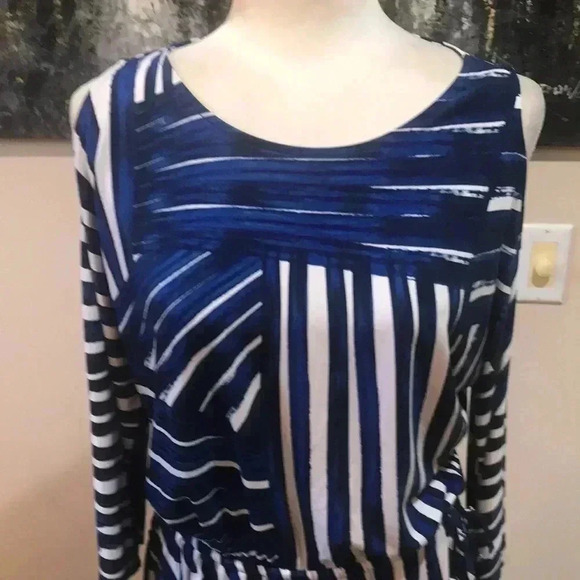 NWT CALVIN KLEIN Royal Blue & White Drawstring Waist Cold Shoulder Dress- Size 6 - Picture 5 of 13